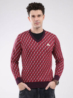 Monte Carlo - Men Red Self Design Sweater