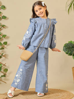 Miyo - Blue Girls Embroidered Full Sleeve Co-Ord Set