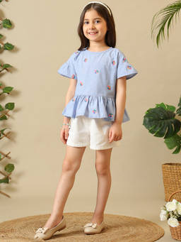 Miyo - Blue Girls Embroidered Floral Top