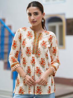 Rain & Rainbow - White Pure Cotton Three Fourth Sleeves Tunic