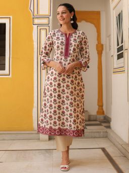 Rain & Rainbow - Beige Pure Cotton Three Fourth Sleeves Kurta