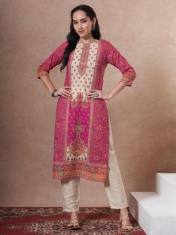 FASHOR - Magenta Cotton Three Fourth Sleeves Kurta