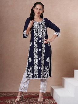 FASHOR - Blue Viscose Rayon Three Fourth Sleeves Kurta