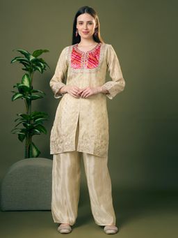 FASHOR - Beige Tissue Three Fourth Sleeves Kurta with Pant