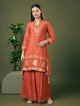 FASHOR - Orange Jacquard Three Fourth Sleeves Kurta with Palazzo