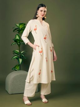 FASHOR - Off White Cotton Three Fourth Sleeves Kurta with Pant