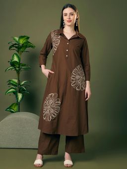 FASHOR - Brown Viscose Rayon Three Fourth Sleeves Kurta with Pant