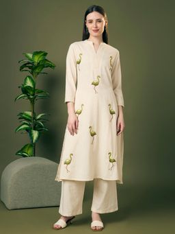 FASHOR - Off White Cotton Three Fourth Sleeves Kurta with Pant