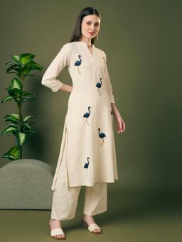 FASHOR - Off White Cotton Three Fourth Sleeves Kurta with Pant