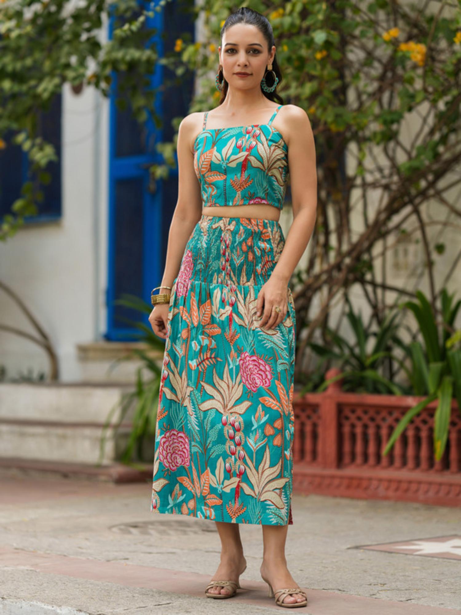 Teal Cotton Sleeveless Crop Top with Skirt-picture-15