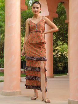 Rain & Rainbow - Rust Cotton Sleeveless Top with Skirt