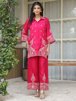 Rain & Rainbow - Pink Silk Three Fourth Sleeves Kurti With Pant