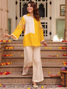 Rain & Rainbow - Yellow Silk Full Sleeves Shirt With Pant