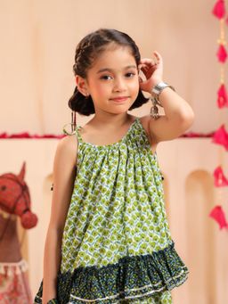 Rain & Rainbow - Green Cotton Sleeveless Top With Skirt