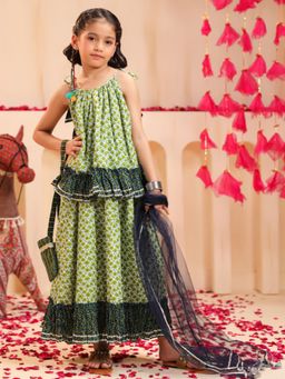 Rain & Rainbow - Green Cotton Sleeveless Top With Skirt & Dupatta