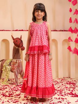 Rain & Rainbow - Pink Cotton Sleeveless Top With Skirt & Dupatta