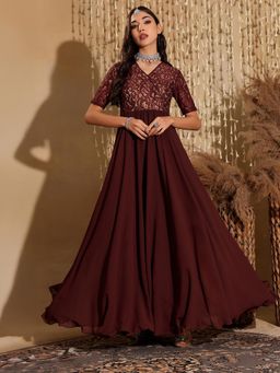 Miss Chase - Wine Georgette Half Sleeves Dress