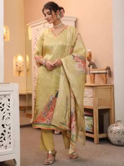 Rain & Rainbow - Gold Cotton Three Fourth Sleeves Kurta With Pant & Dupatta