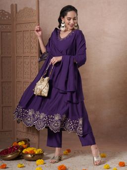 FASHOR - Purple Muslin Silk Three Fourth Sleeves Anarkali Kurta With Pant & Dupatta