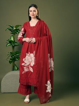 FASHOR - Maroon Cotton Three Fourth Sleeves Kurta With Palazzo & Dupatta