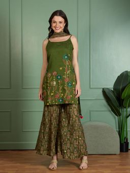 FASHOR - Green Silk Blend Sleeveless Kurti With Sharara & Dupatta