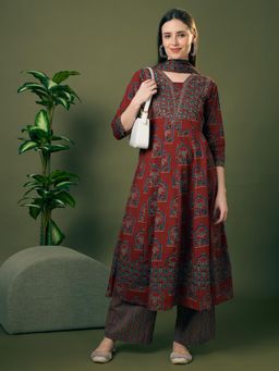 FASHOR - Rust Cotton Three Fourth Sleeves Anarkali Kurta With Palazzo & Dupatta