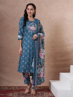 FASHOR - Blue Cotton Three Fourth Sleeves Kurta With Pant & Dupatta