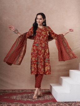 FASHOR - Red Cotton Three Fourth Sleeves Kurta With Pant & Dupatta