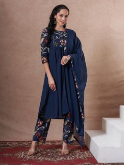 FASHOR - Blue Cotton Three Fourth Sleeves Kurta With Pant & Dupatta