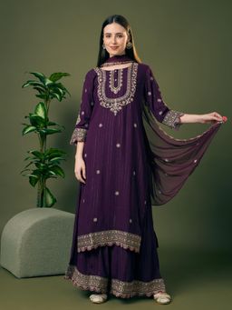 FASHOR - Purple Viscose Rayon Three Fourth Sleeves Kurta With Palazzo & Dupatta