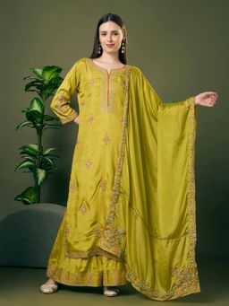 FASHOR - Green Shantoon Three Fourth Sleeves Kurta With Palazzo & Dupatta