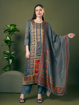 FASHOR - Grey Jacquard Three Fourth Sleeves Kurta With Pant & Dupatta