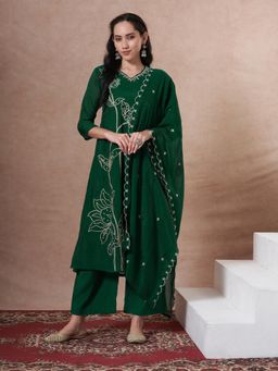 FASHOR - Green Muslin Silk Three Fourth Sleeves Kurta With Palazzo & Dupatta