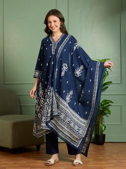 FASHOR - Blue Cotton Three Fourth Sleeves Kurta With Pant & Dupatta