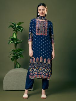 FASHOR - Blue Crepe Three Fourth Sleeves Kurta With Pant & Dupatta