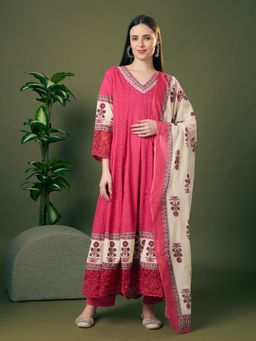 FASHOR - Pink Cotton Three Fourth Sleeves Anarkali Kurta With Pant & Dupatta