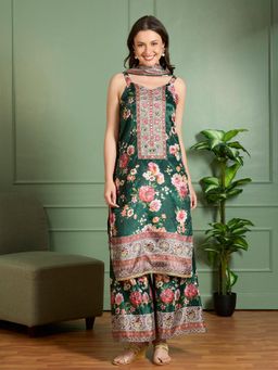 FASHOR - Green Chiffon Sleeveless Kurta With Palazzo & Dupatta
