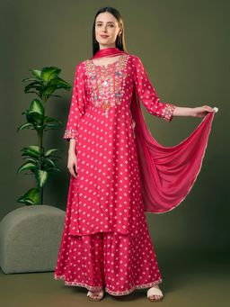 FASHOR - Pink Shantoon Three Fourth Sleeves Kurta With Palazzo & Dupatta