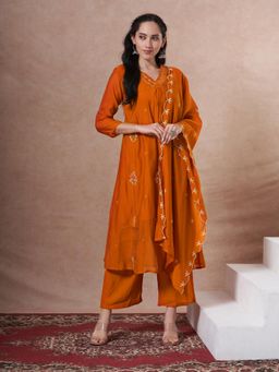 FASHOR - Orange Muslin Silk Three Fourth Sleeves Kurta With Palazzo & Dupatta