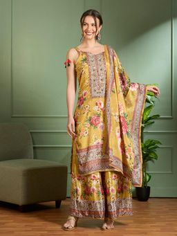 FASHOR - Yellow Crepe Sleeveless Kurta With Palazzo & Dupatta