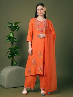 FASHOR - Orange Viscose Rayon Three Fourth Sleeves Kurta With Palazzo & Dupatta