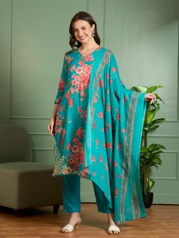 FASHOR - Green Cotton Three Fourth Sleeves Kurta With Pant & Dupatta