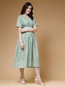 Indibelle - Green Printed Cotton Lurex Midi Dress With Belt (Set of 2)
