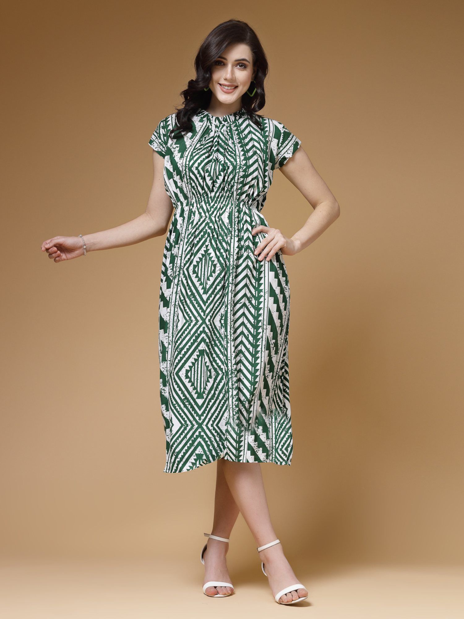 indibelle Green Geometric Print Rayon Flared Midi Dress-picture-15