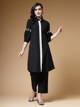 Indibelle - Black Cotton Solid Lace Work Kurta