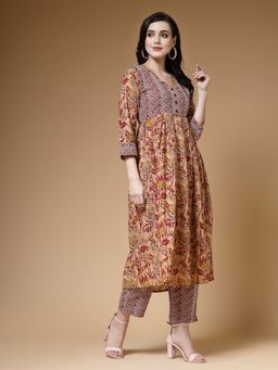 Indibelle - Maroon Floral Print Cotton Pleated Kurta With Pants (Set of 2)