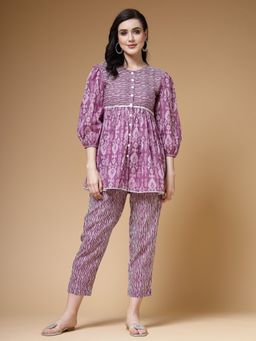 Indibelle - Purple Printed Cotton Lurex Tunic & Trouser Co-Ord (Set of 2)