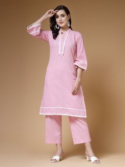 Indibelle - Pink Kantha Cotton Kurta With Pants (Set of 2)