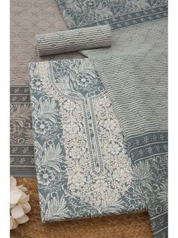 Soch - Womens Grey Cotton Botanical Unstiched Dress Material with Thread Work