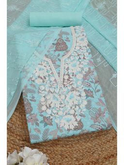 Soch - Womens Turquoise Blue Cotton Botanical Unstitch Dress Material with Thread Work